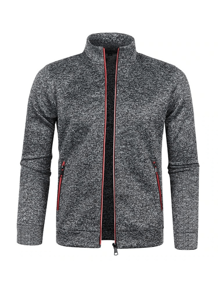 Gray men's sweatshirt with zippered collar, fleece lining, and red zipper accents, perfect for casual wear.