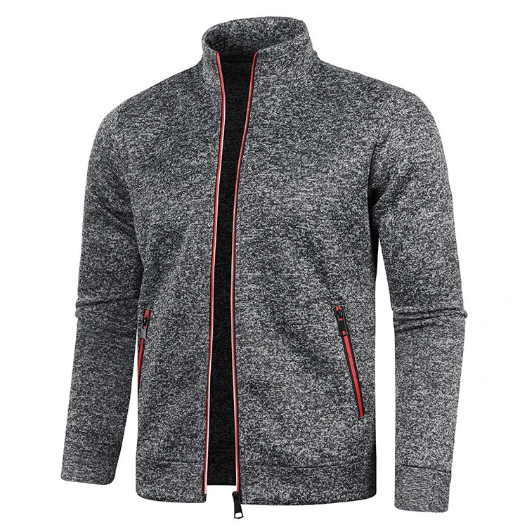 Stylish men's grey sweatshirt with zippered collar, polyester fabric, regular fit, fleece lining for warmth, non-hooded, casual wear.