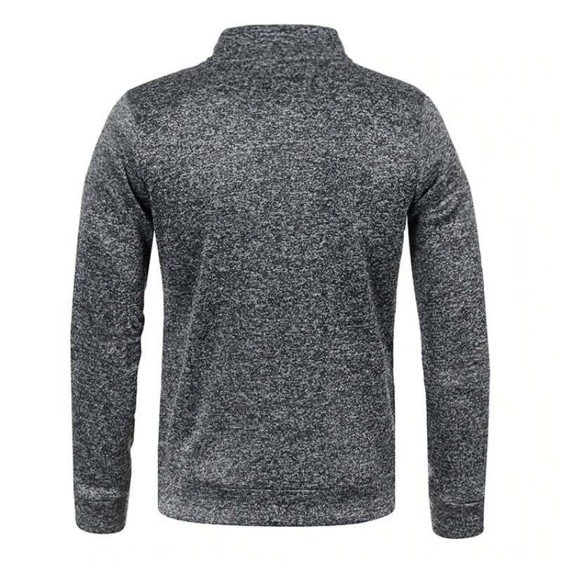 Back view of gray men's sweatshirt with zippered collar, showcasing fleece-lined polyester fabric for casual comfort and style.