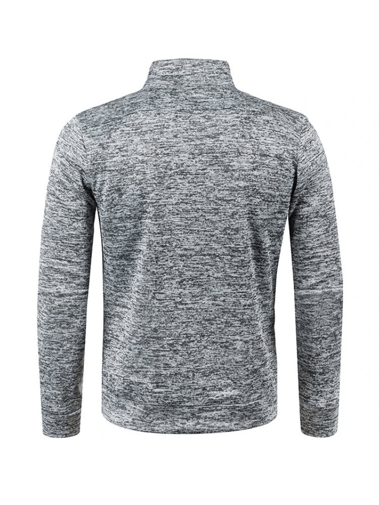 Back view of a gray stylish men's sweatshirt with zippered collar, long sleeves, and turn-down collar, perfect for casual wear. SF0383