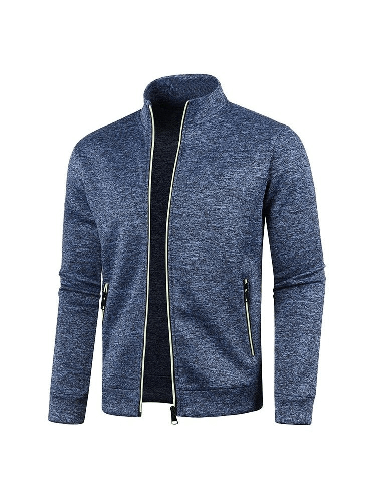 Stylish men's sweatshirt with zippered collar in blue, fleece-lined for warmth, full sleeves, perfect for casual wear.