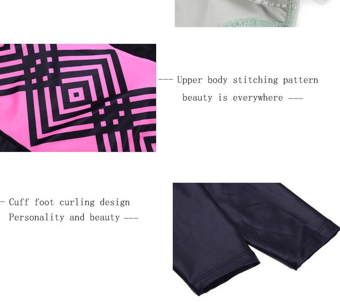 Close-up of geometric pattern and stitching details on stylish one-piece quick-drying women's long-sleeve wetsuit.