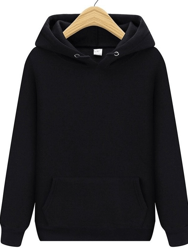 Stylish plain fleece men's black hoodie with pockets on a hanger, perfect for casual wear - SF0374.