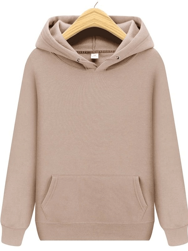 Stylish plain fleece men's hoodie with pockets, beige, regular fit, full sleeve, breathable cotton, hanging on a wooden hanger.