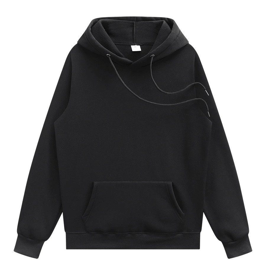 Stylish black fleece men's hoodie with pockets, featuring a hood and solid pattern, perfect for casual wear.