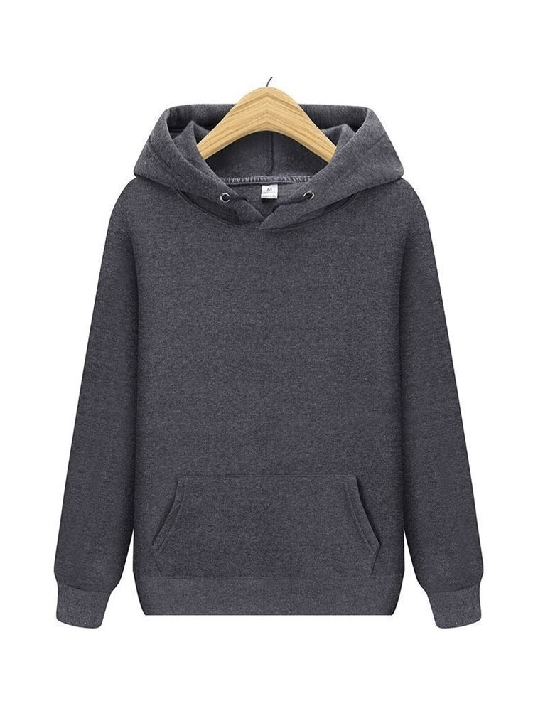 Dark grey men's fleece hoodie with pockets and hood on hanger, made from breathable cotton, perfect for casual wear.