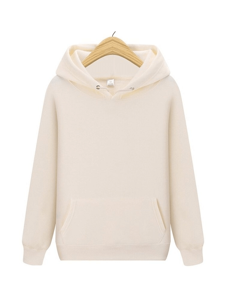 Stylish plain fleece men's hoodie in off-white with pockets, hanging on a wooden hanger, perfect for casual wear.