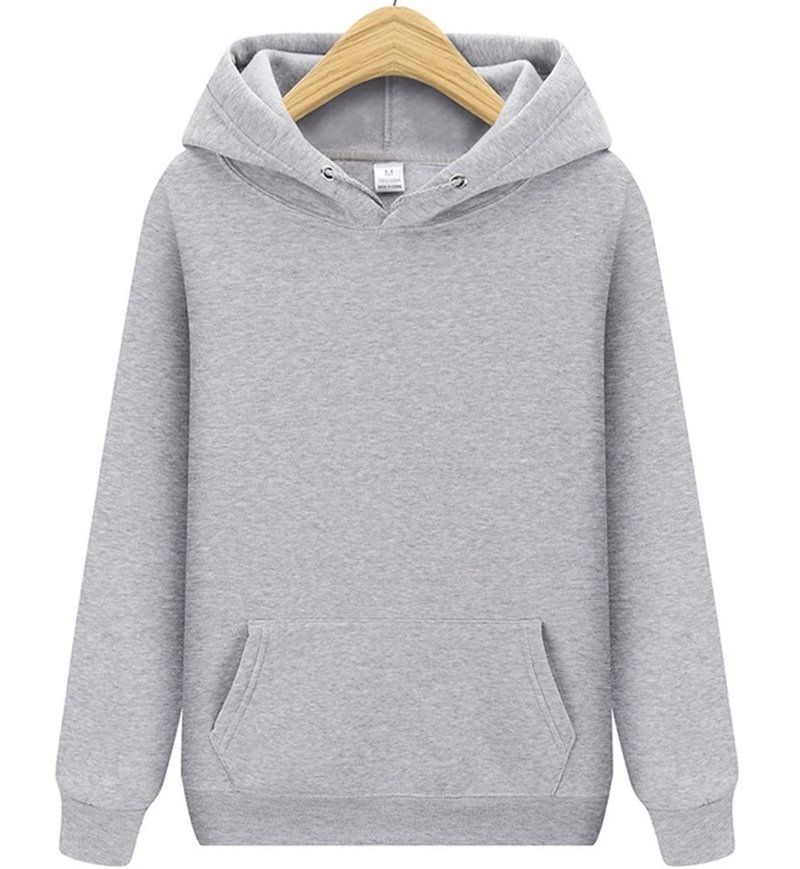 Stylish grey fleece men's hoodie with pockets, breathable cotton fabric, full-sleeve, perfect for casual wear.