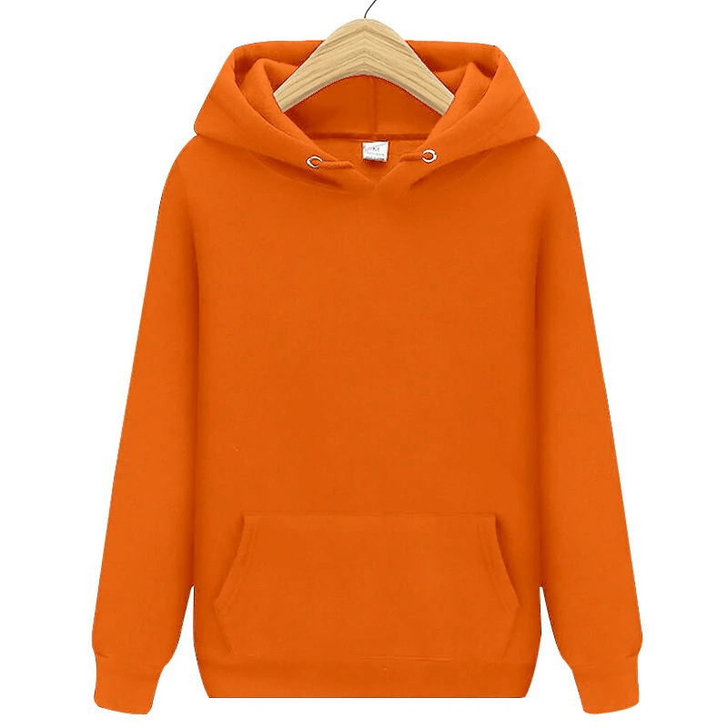 Bright orange fleece men's hoodie with pockets, displayed on a hanger, perfect for stylish casual wear. Product code SF0374.