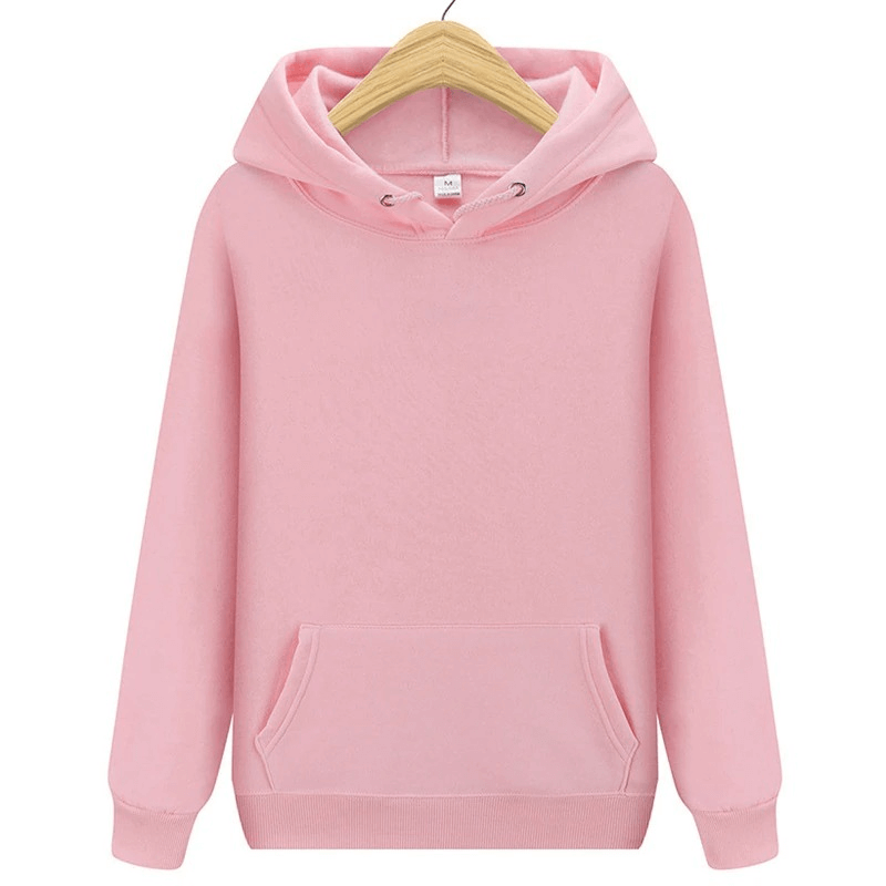 Stylish plain pink fleece men's hoodie with pockets on hanger, perfect for casual wear.