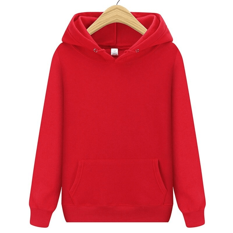 Red fleece men's hoodie with a hood and front pocket, displayed on a hanger.