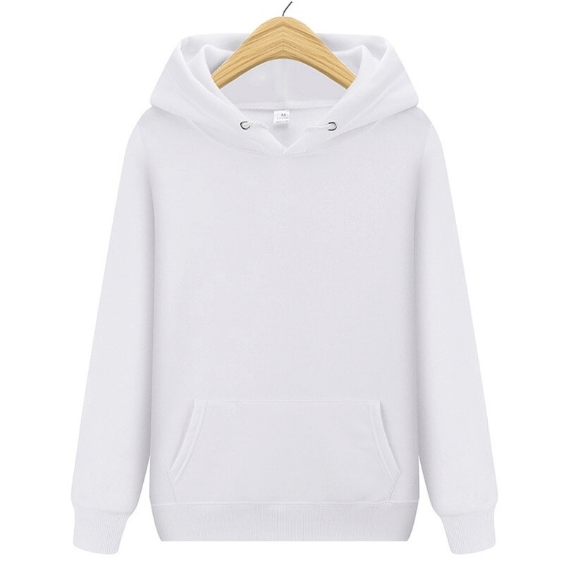 Stylish plain white fleece men's hoodie with pockets, breathable cotton fabric, perfect for casual wear, SF0374.