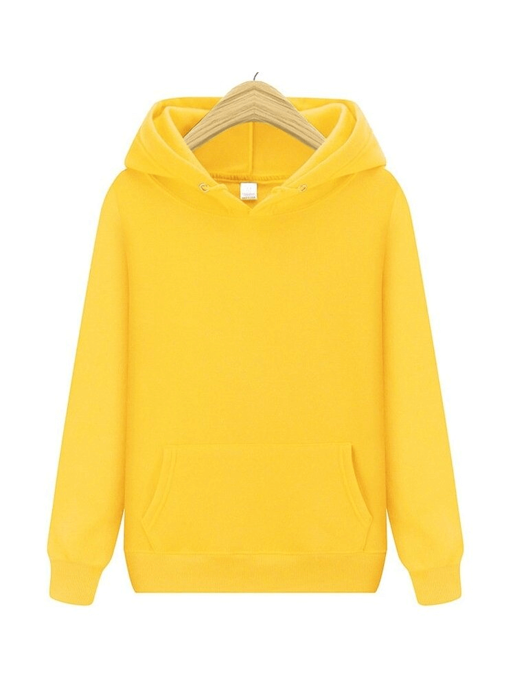 Bright yellow fleece men's hoodie with pockets on hanger, full-sleeve, perfect for casual wear.