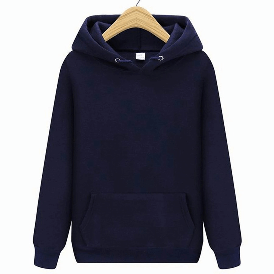 Stylish plain fleece men's hoodie with pockets, navy blue, full-sleeve, on hanger. Perfect for casual wear, breathable cotton fabric.