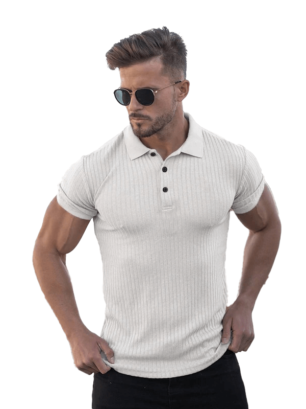 Man wearing white ribbed polo t-shirt with buttons and sunglasses, demonstrating stylish slim fit design - SF0732 collection.