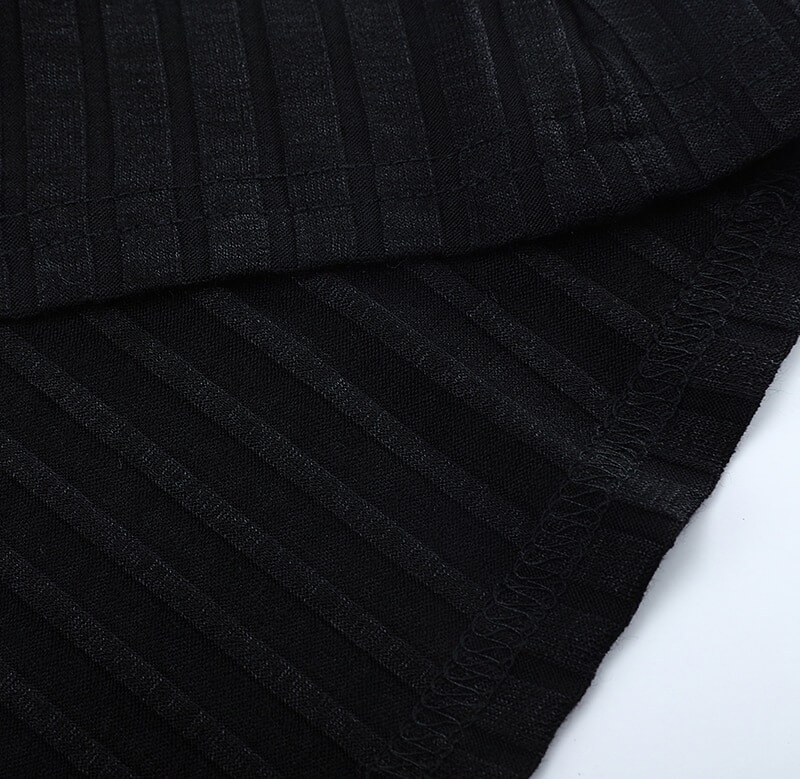 Close-up of black striped fabric from stylish polo t-shirt, showing high-quality polyester material and stitching details.