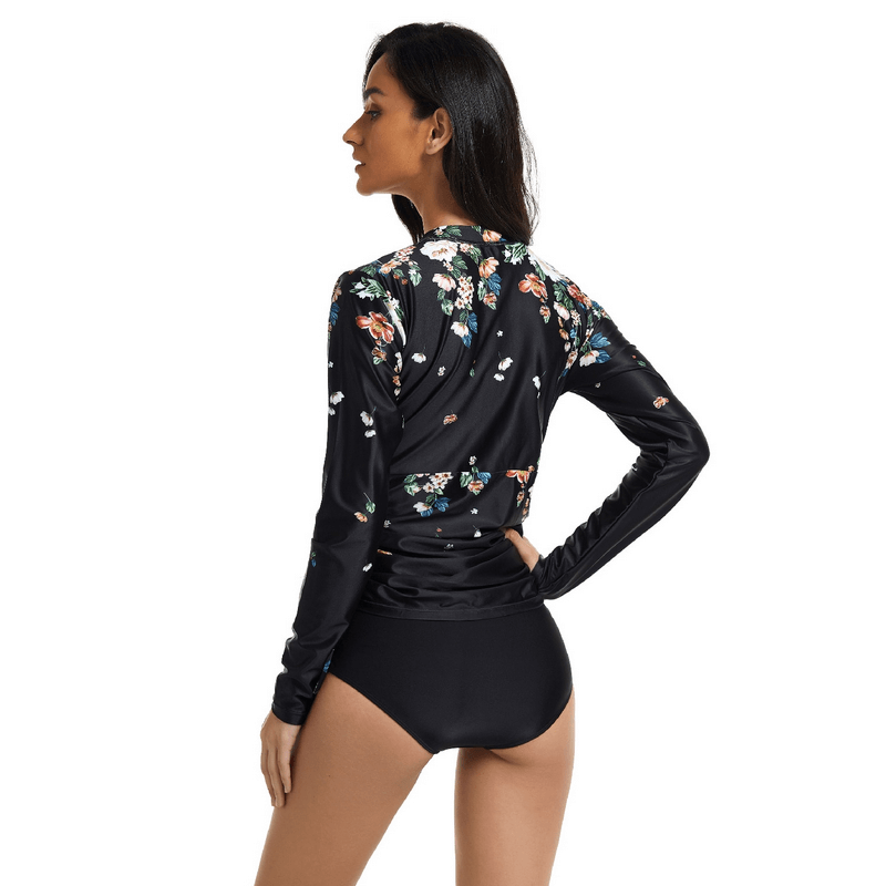 Woman wearing a stylish printed quick-dry separate transformer swimsuit with floral design, back view.