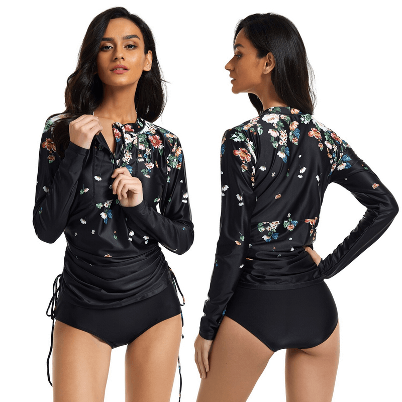 Stylish printed quick-dry transformer swimsuit for women, showcasing floral design, perfect for beach outings. Model wears full and back view.