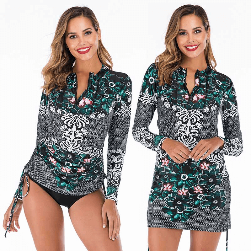 Stylish printed quick-dry transformer swimsuit for women with floral design, spandex blend, and comfortable fit, model wearing.