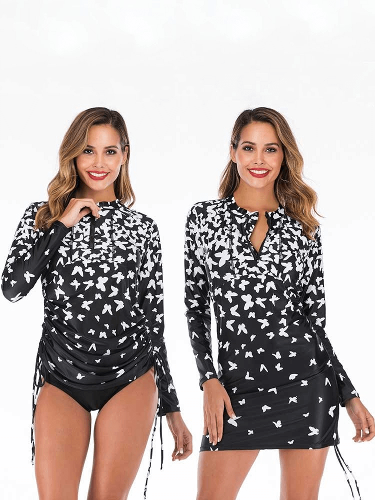 Woman models stylish printed black and white quick-dry transformer swimsuit, showcasing separate designs for versatile wear.