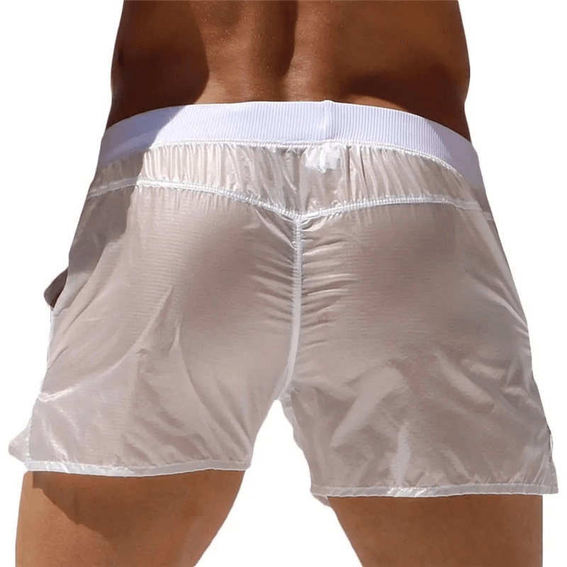 Back view of stylish quick dry men's swimming shorts in white, featuring modern design and fast-drying polyester for beach activities.
