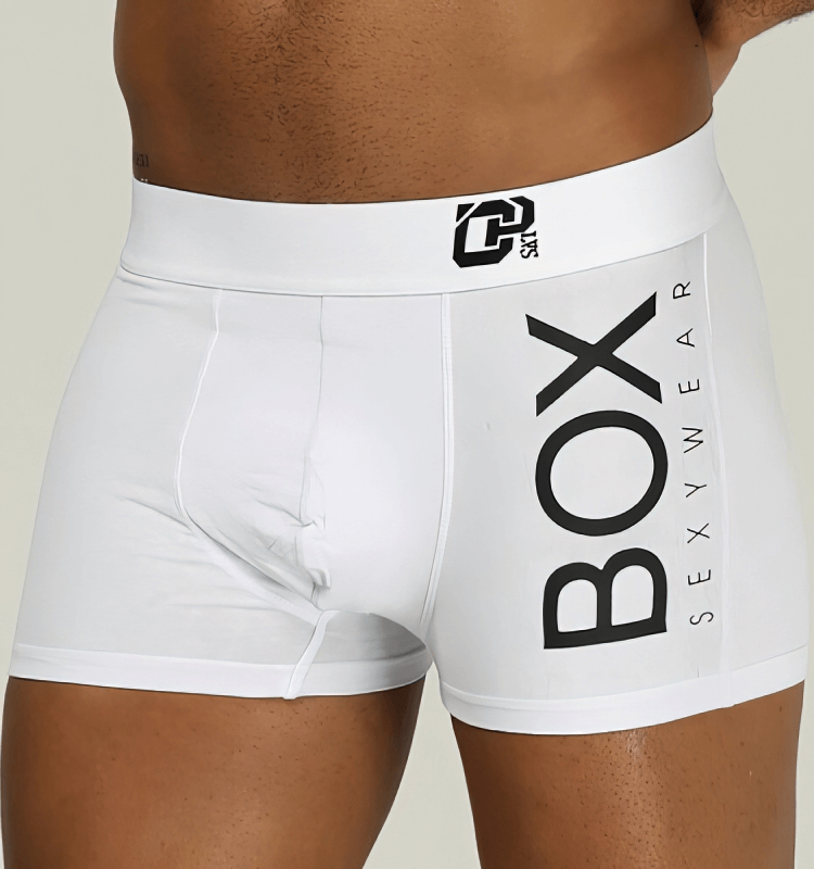 Stylish Soft Sports Men's Boxers in white with bold "BOX" lettering, made from 100% cotton for comfort and breathability - SF0727.