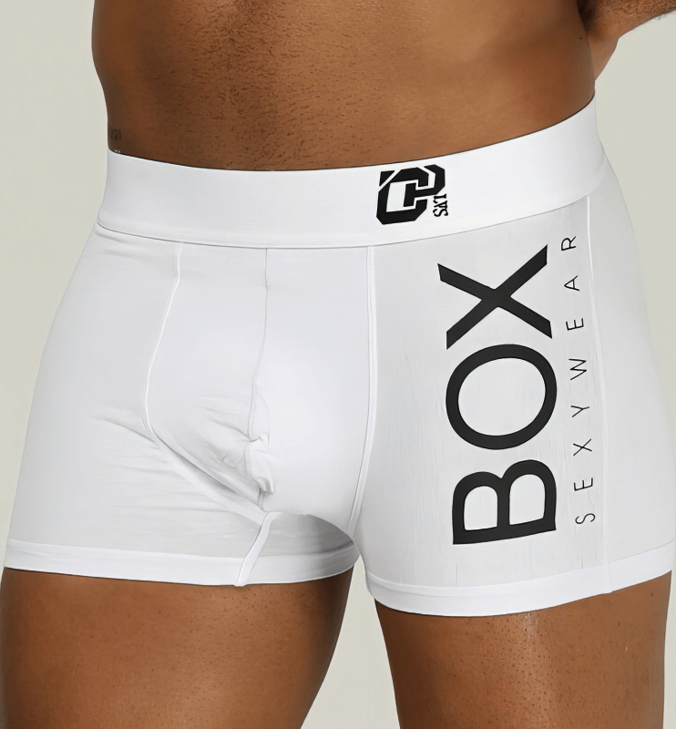 Stylish men's white sports boxers with bold lettering, providing comfort and breathable cotton fabric for a sleek look. Gender: Male.