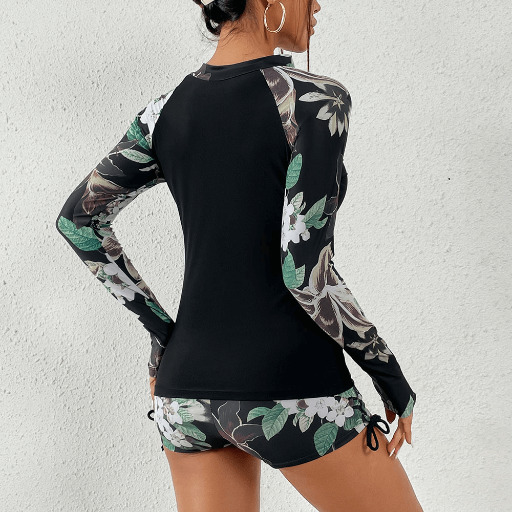 Stylish Split Women's Long Sleeve Surfing Swimwear - Floral Rash Guard with long sleeves and drawstring detailing, SF0937