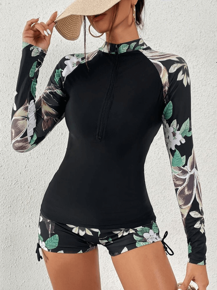 Stylish Split Women's Long Sleeve Surfing Swimwear SF0937, floral design, perfect for beach activities, spandex polyester blend