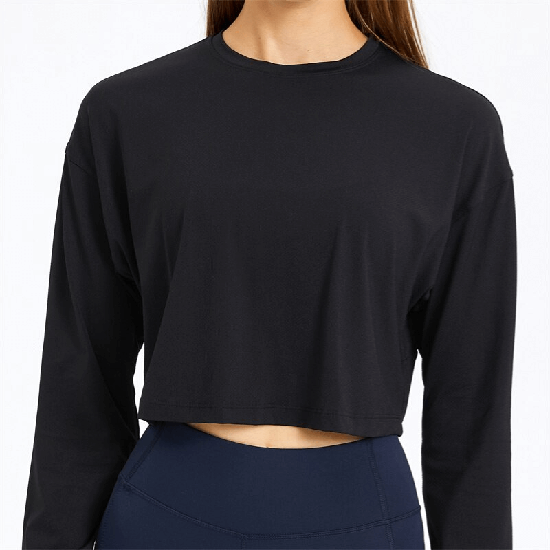 Black stylish sport short women's sweatshirt with long sleeves, breathable spandex, perfect for yoga or sports, SF1145
