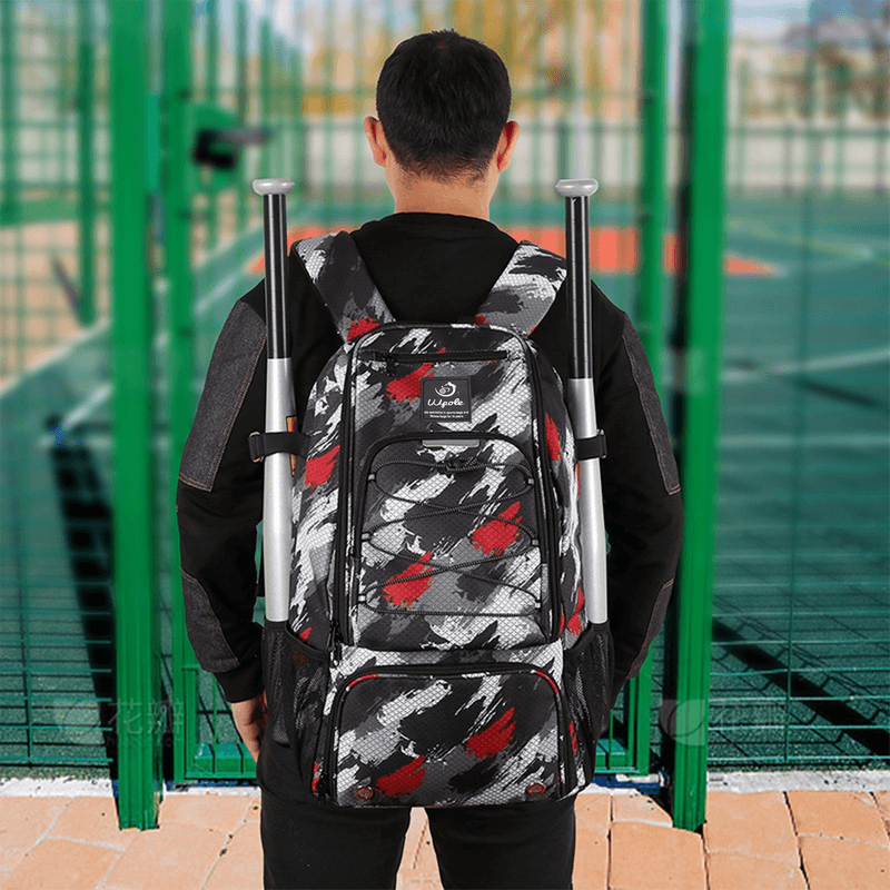 Unisex stylish sports backpack with spacious pockets and modern design, black and red pattern, worn by a person on a tennis court