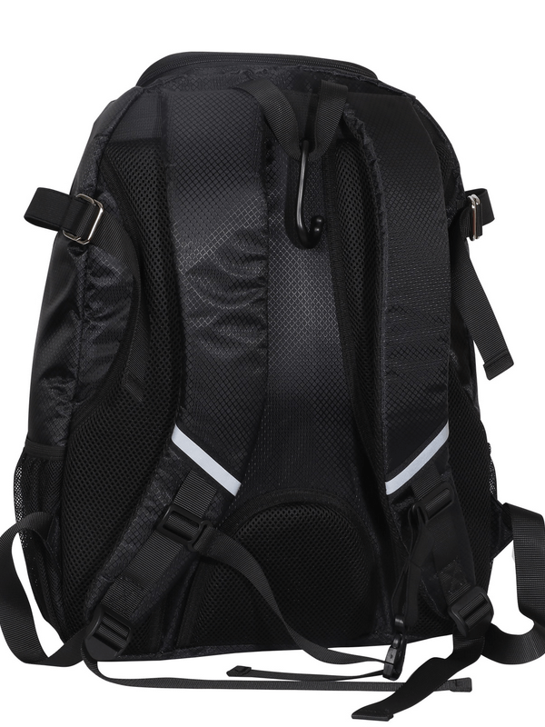 Back view of stylish black sports backpack with spacious pockets, durable design, and air cushion straps for comfortable training.