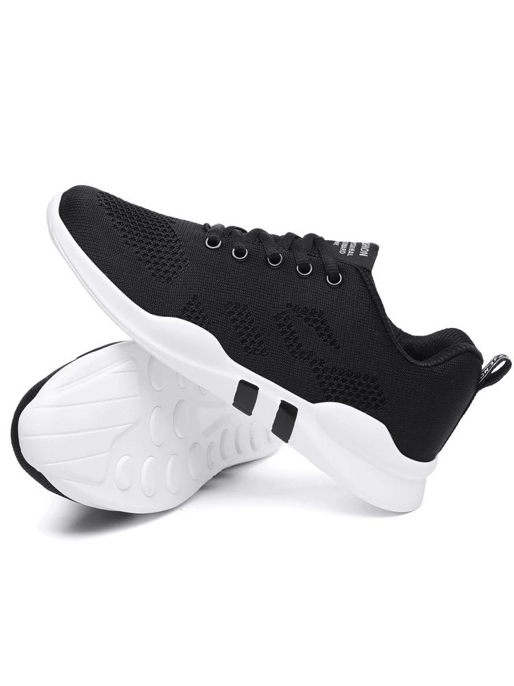 Alt Tag: Stylish black sports breathable women's sneakers with laces, featuring a polyester upper and EVA insole for comfort and support.