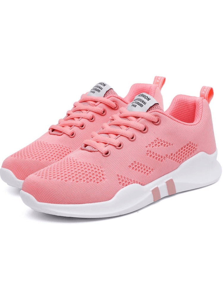 Stylish pink sports breathable women's sneakers with laces, featuring a mesh design and cushioned EVA insole for active comfort.