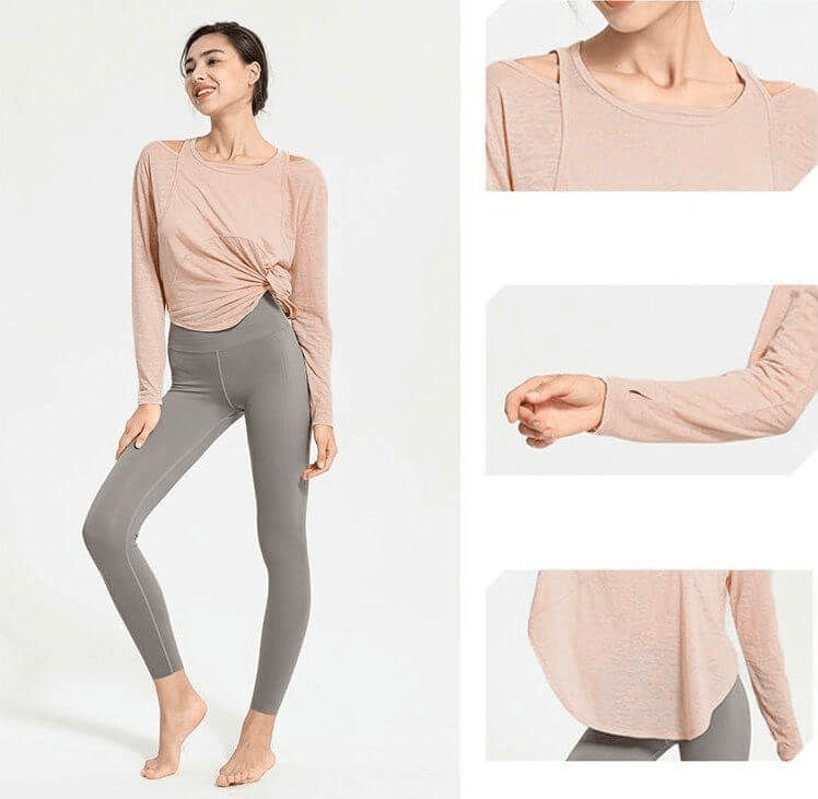 Model wearing stylish sporty lightweight women's top with long sleeves and cutouts, paired with leggings. Perfect for yoga.