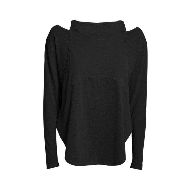 Stylish sporty lightweight black women's top with long sleeves and cutouts, ideal for yoga and active wear.