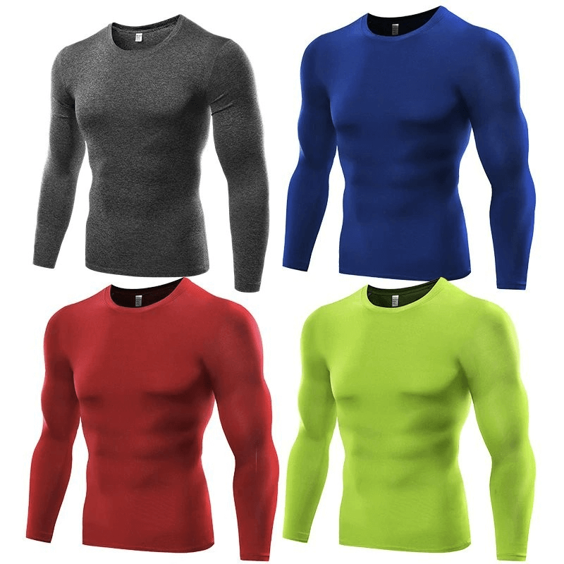 Stylish Sporty Quick Dry Men's Long Sleeve Shirts in gray, blue, red, and lime green, perfect for active men seeking comfort and performance.