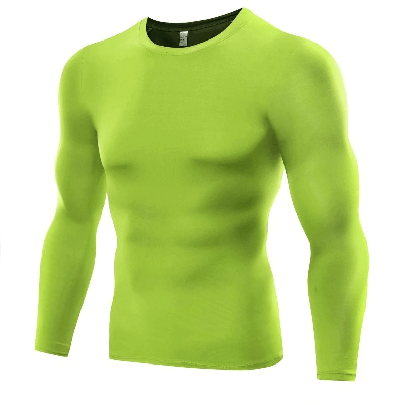 Stylish sporty quick dry men's long sleeve shirt in vibrant green, snug fit, moisture-wicking fabric, made of spandex and polyester.