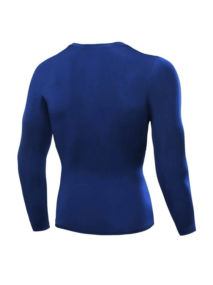 Stylish Sporty Quick Dry Men's Long Sleeve Shirt in blue, snug fit made with moisture-wicking spandex and polyester for active wear.