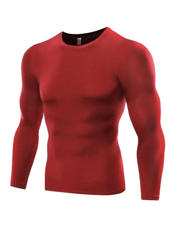 Red Stylish Sporty Quick Dry Men's Long Sleeve Shirt SF0411, snug fit for active men, moisture-wicking, spandex-polyester blend.