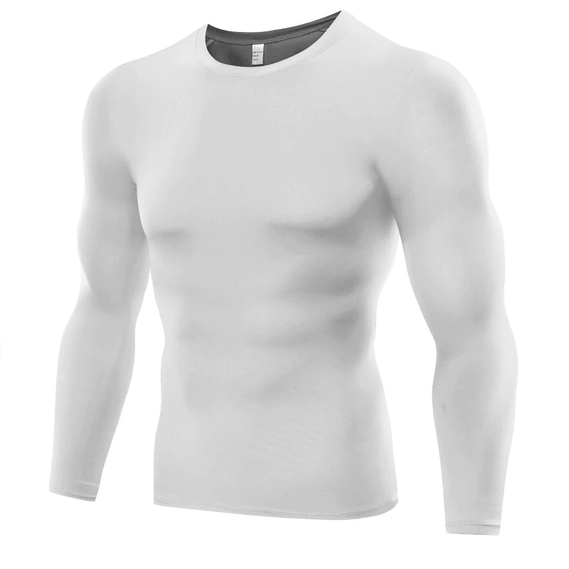 Stylish Sporty Quick Dry Men's Long Sleeve Shirt SF0411 in white, showing snug fit and moisture-wicking fabric for active use.
