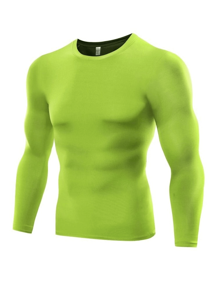 Bright green sporty long sleeve men's shirt, quick-dry fabric perfect for activewear, showcasing a snug and stylish fit.