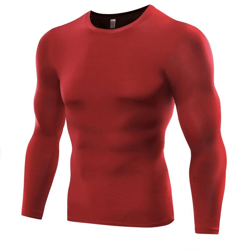 Stylish Sporty Quick Dry Men's Long Sleeve Shirt in red, featuring a snug fit and moisture-wicking fabric for active comfort.