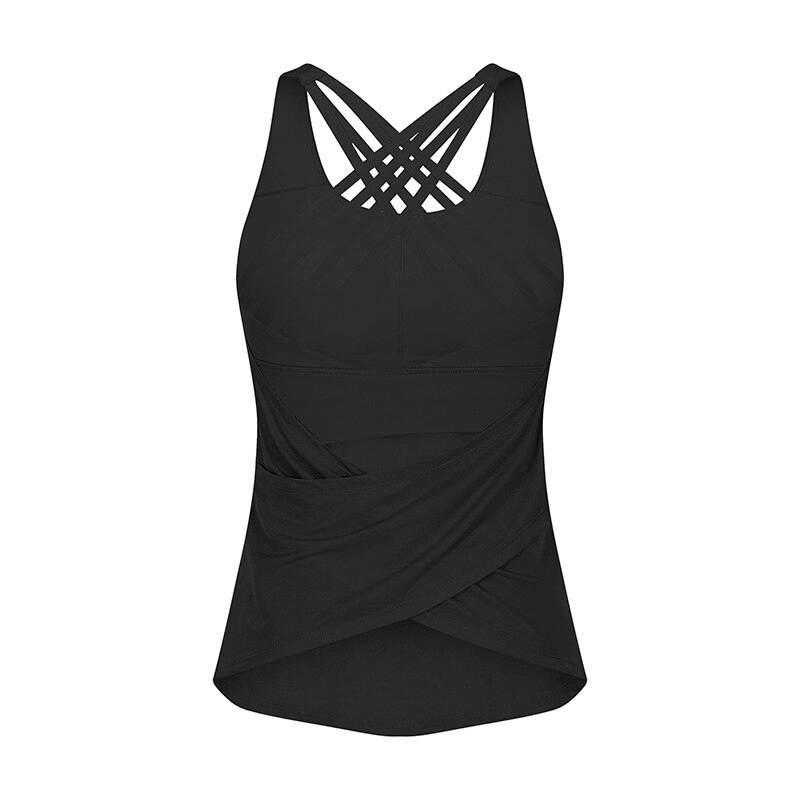 Black sporty women's top with open back and cross straps, perfect for yoga and fitness, featuring quick-drying and anti-wrinkle fabric.