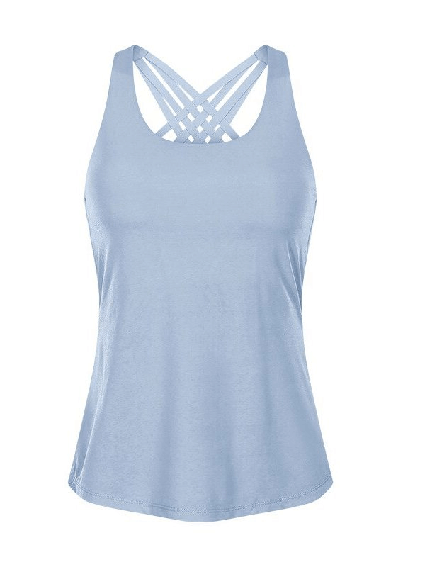 Stylish women's sporty top with open back and cross straps in light blue, ideal for yoga and running. Quick-drying and comfy.