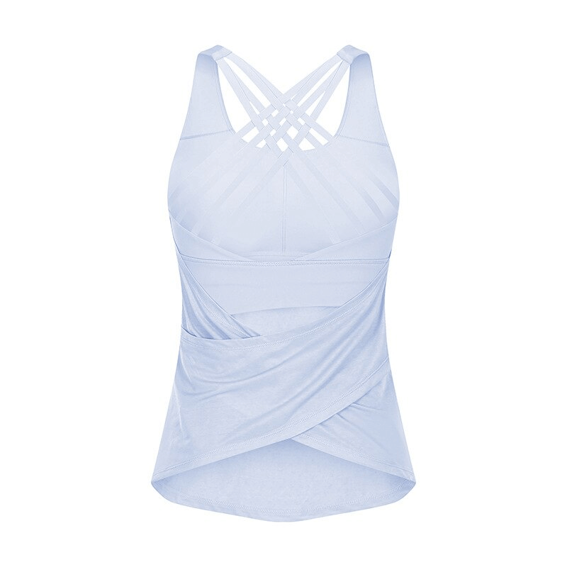 Light blue sporty women's top with open back and criss-cross straps, perfect for yoga and running. Anti-pilling, quick-dry material.