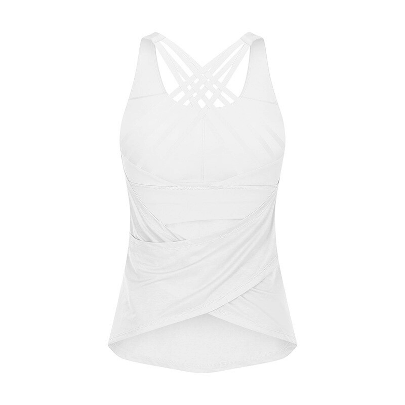 Alt Tag: Stylish sporty women's top with open back and cross straps, perfect for yoga and exercise. SF1169, white, breathable and quick-drying.