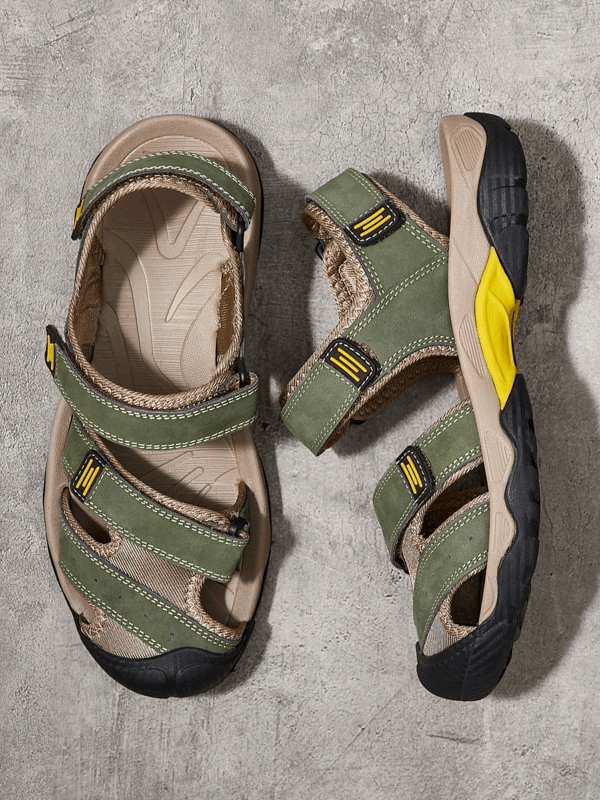 Stylish tactical leather men's closed toe sandals with green adjustable Velcro SF1102, featuring a durable design and flat heel.