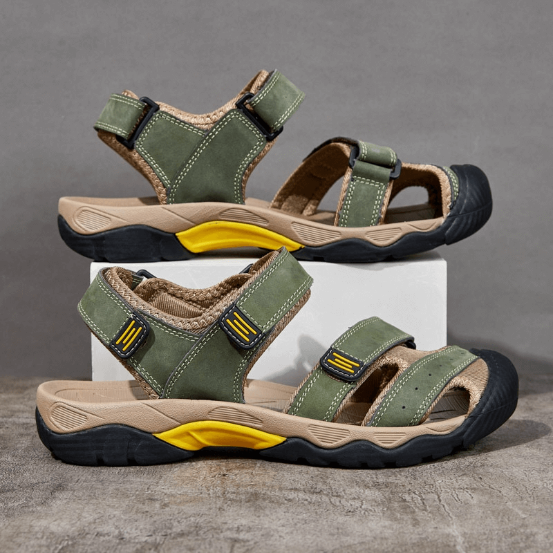 Stylish tactical leather men's closed toe sandals in green with adjustable Velcro straps for comfort and durability.