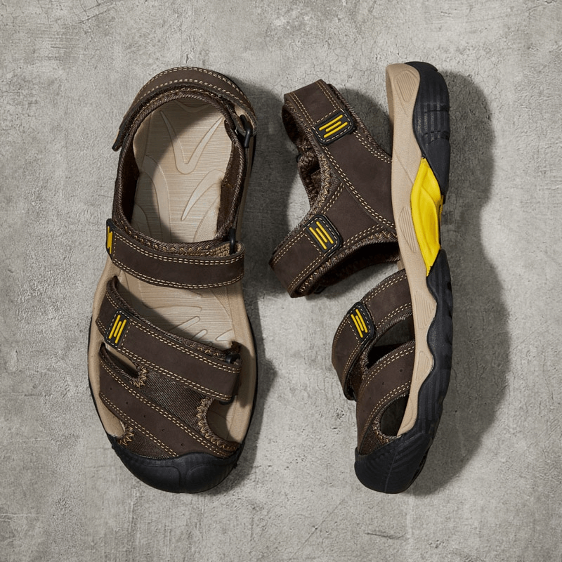 Stylish tactical leather men's sandals with Velcro, flat heel, and durable split leather upper for all-day comfort.